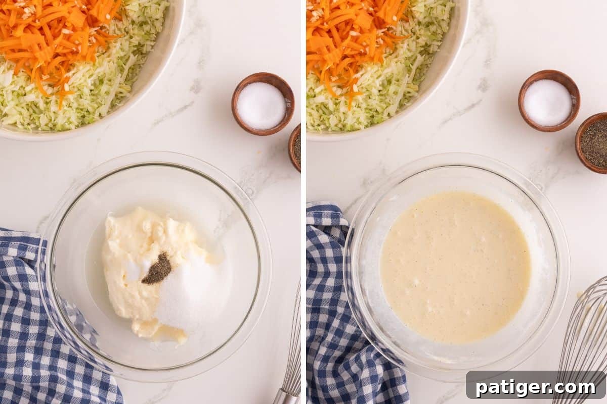 Left: mayonnaise, sugar, vinegar, salt, and pepper in a glass bowl beside shredded cabbage and carrots. Right: the dressing whisked smooth in the glass bowl.