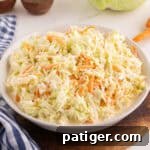 Creamy coleslaw in a white bowl on a wood board with a head of cabbage and carrots in the background.