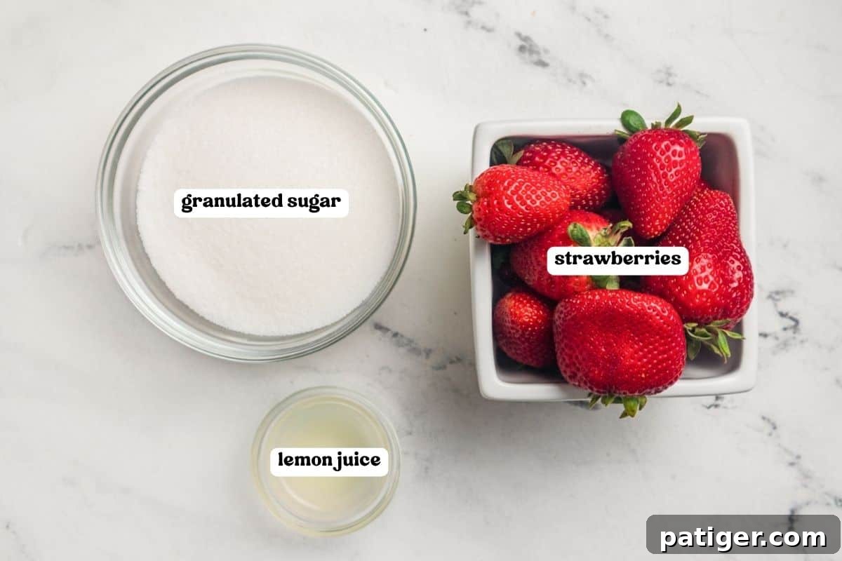 Ingredients for strawberry jam labeled on a marble counter: granulated sugar, fresh strawberries, and lemon juice.