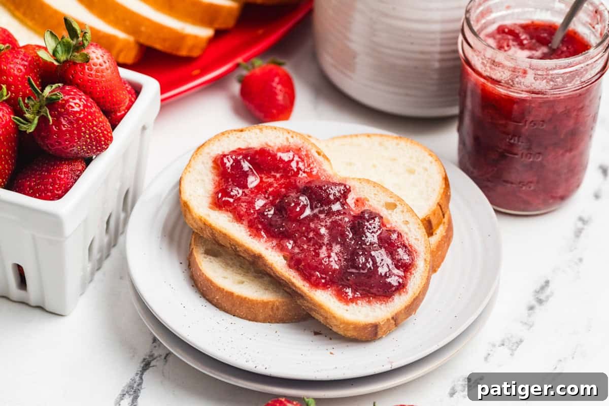 A bread slice topped with strawberry jam on a red strawberry-shaped plate next to a jar of jam and fresh strawberries.