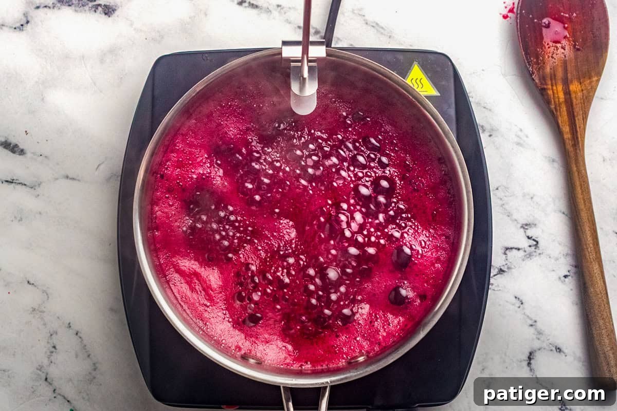 Bubbling blackberry jam in a saucepan with a candy thermometer attached to the rim.