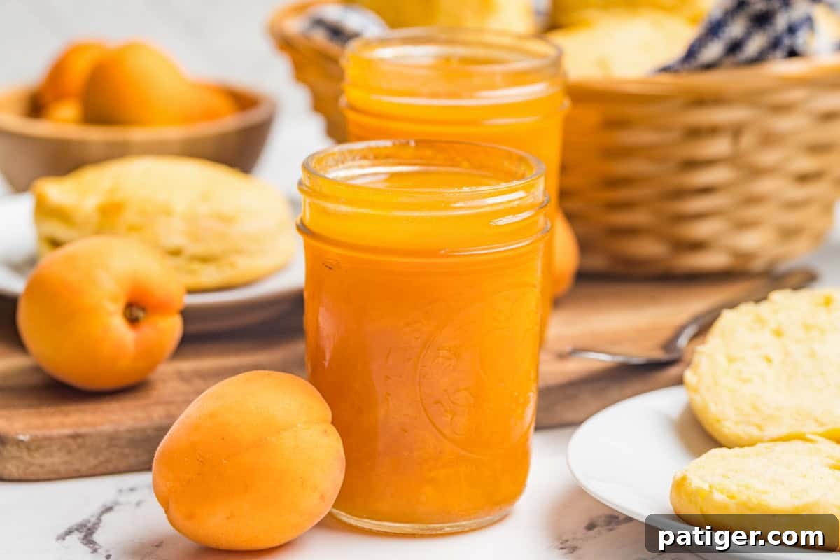 Apricot Jam Without Pectin: Simple Homemade Recipe 2 An open mason jar of homemade apricot jam on a wooden board with fresh apricots around it.