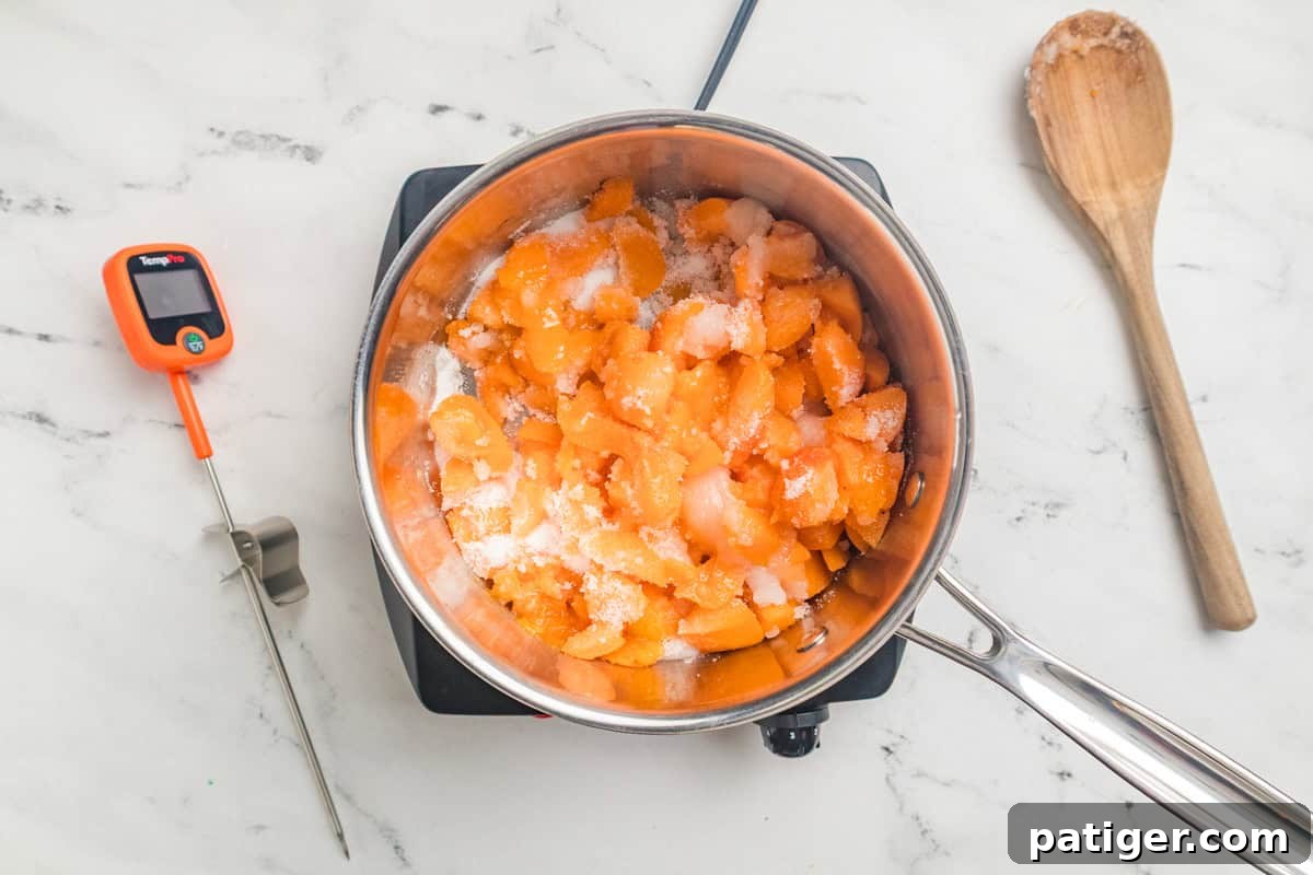 Apricot Jam Without Pectin: Simple Homemade Recipe 5 Diced apricots in a saucepan sprinkled with granulated sugar with a thermometer and a wooden spoon nearby.