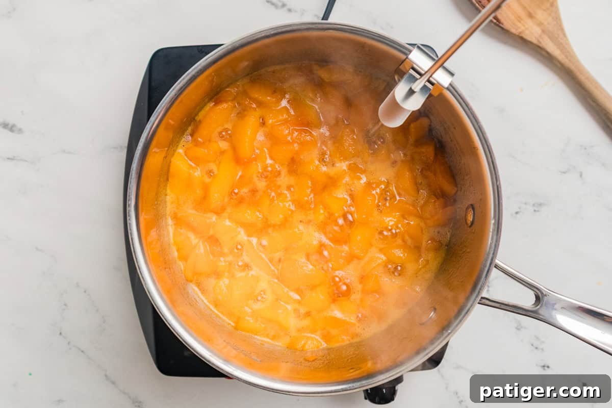 Apricot Jam Without Pectin: Simple Homemade Recipe 7 Apricot jam bubbling in a saucepan with a candy thermometer attached to the rim.