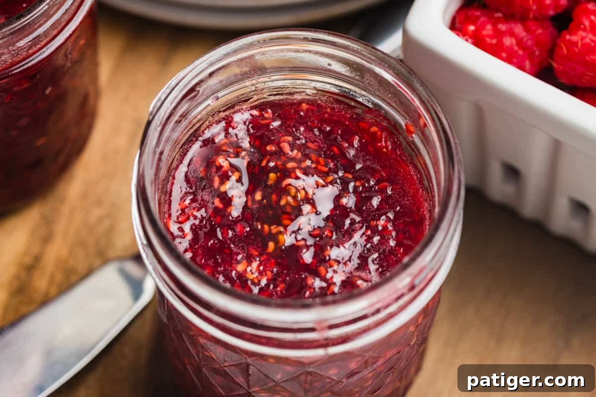 Homemade Raspberry Jam Without Pectin — Simple Stove-Top Recipe 6 A slice of bread spread with raspberry jam on a white plate with a jar of jam and a basket of fresh raspberries to the side.
