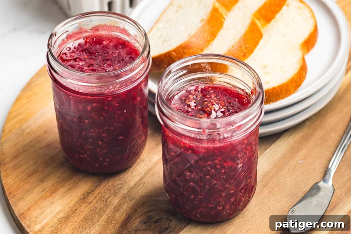 Homemade Raspberry Jam Without Pectin — Simple Stove-Top Recipe 8 Two small mason jars filled with raspberry jam on a wooden board next to a stack of bread slices.