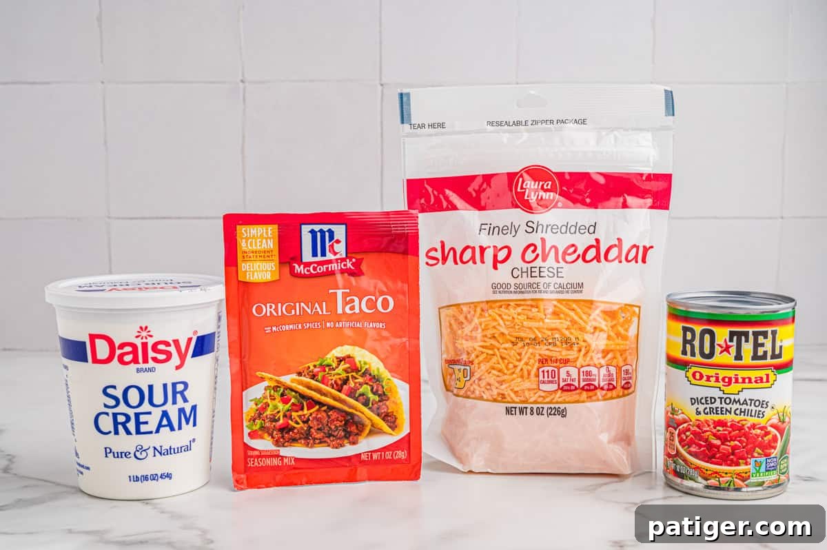 How to Swim Safely from Your Boat 3 Packaged ingredients on a marble counter: Daisy sour cream, taco seasoning, shredded sharp cheddar, and a can of Rotel.