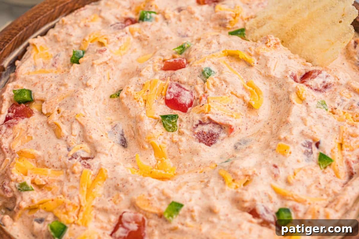 How to Swim Safely from Your Boat 6 Close-up of creamy dip in a wooden bowl flecked with shredded cheddar, diced tomatoes, and jalapenos.