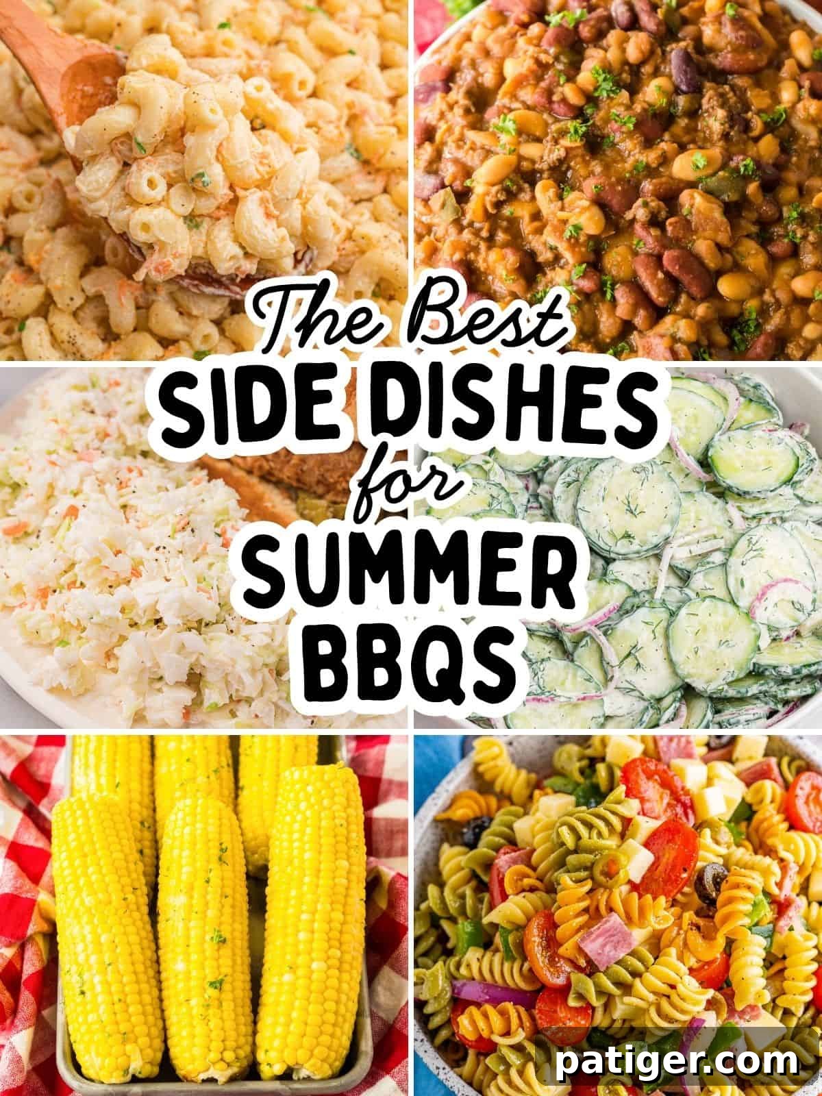 Six photos of cookout sides: macaroni salad, cowboy beans, coleslaw with a bun, creamy cucumber dill salad, corn on the cob, and tri-color pasta salad. Overlay text: The Best Side Dishes for Summer BBQs.