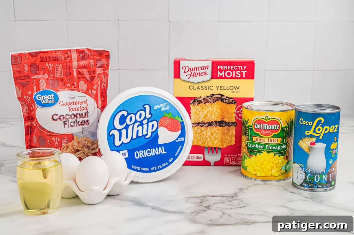 Tropical Piña Colada Layer Cake with Rum-Soaked Pineapple 4 Ingredients on a marble counter: toasted coconut flakes, Cool Whip, Duncan Hines yellow cake mix, crushed pineapple, cream of coconut, eggs, and oil.