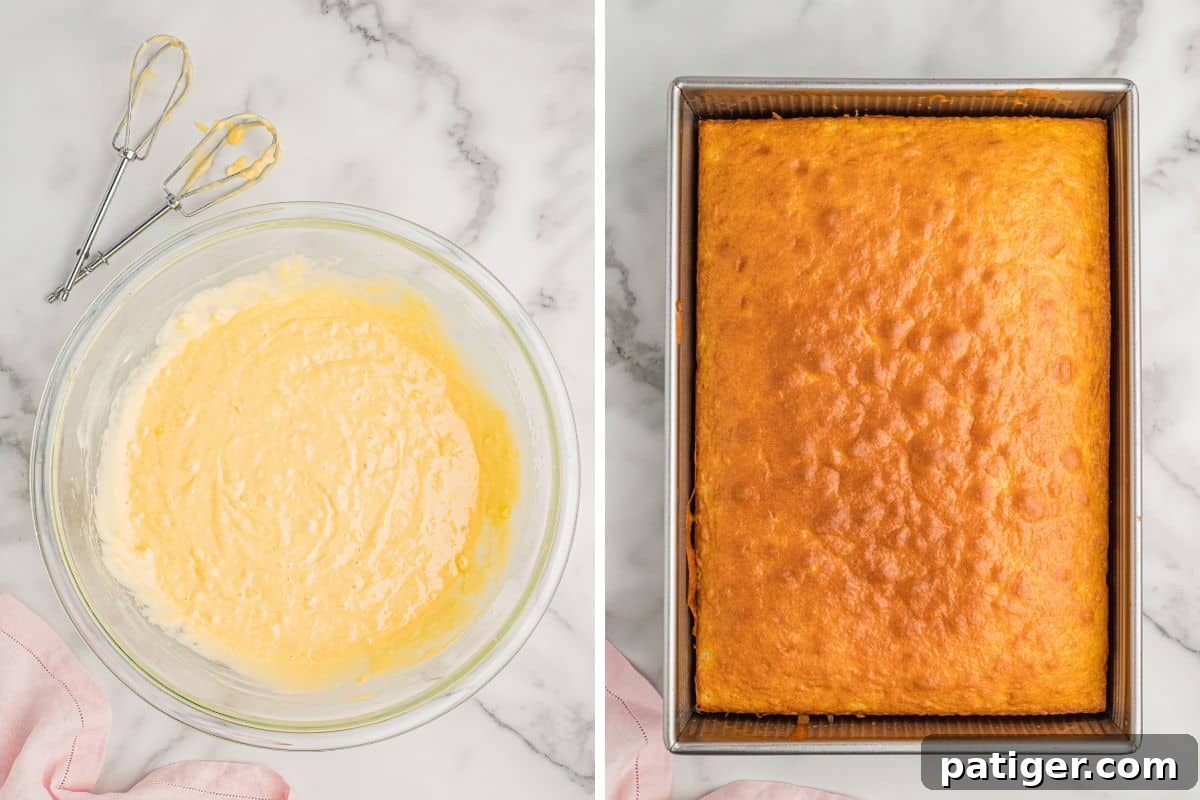Tropical Piña Colada Layer Cake with Rum-Soaked Pineapple 5 Two photos: yellow cake batter in a glass bowl with beaters, and the baked cake in a metal pan.