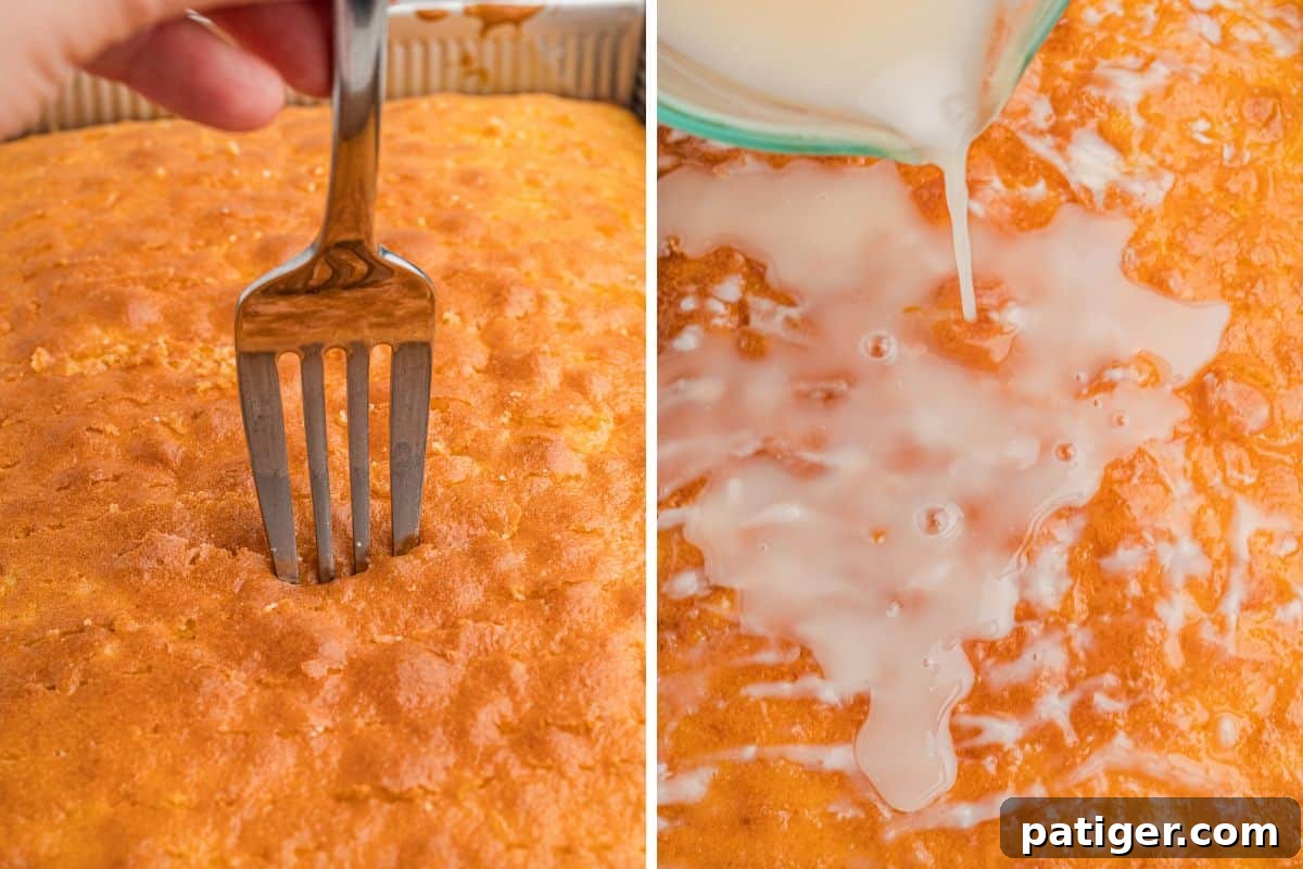 Tropical Piña Colada Layer Cake with Rum-Soaked Pineapple 6 A fork poking holes in the baked cake, and the cream of coconut mixture being poured over the top.