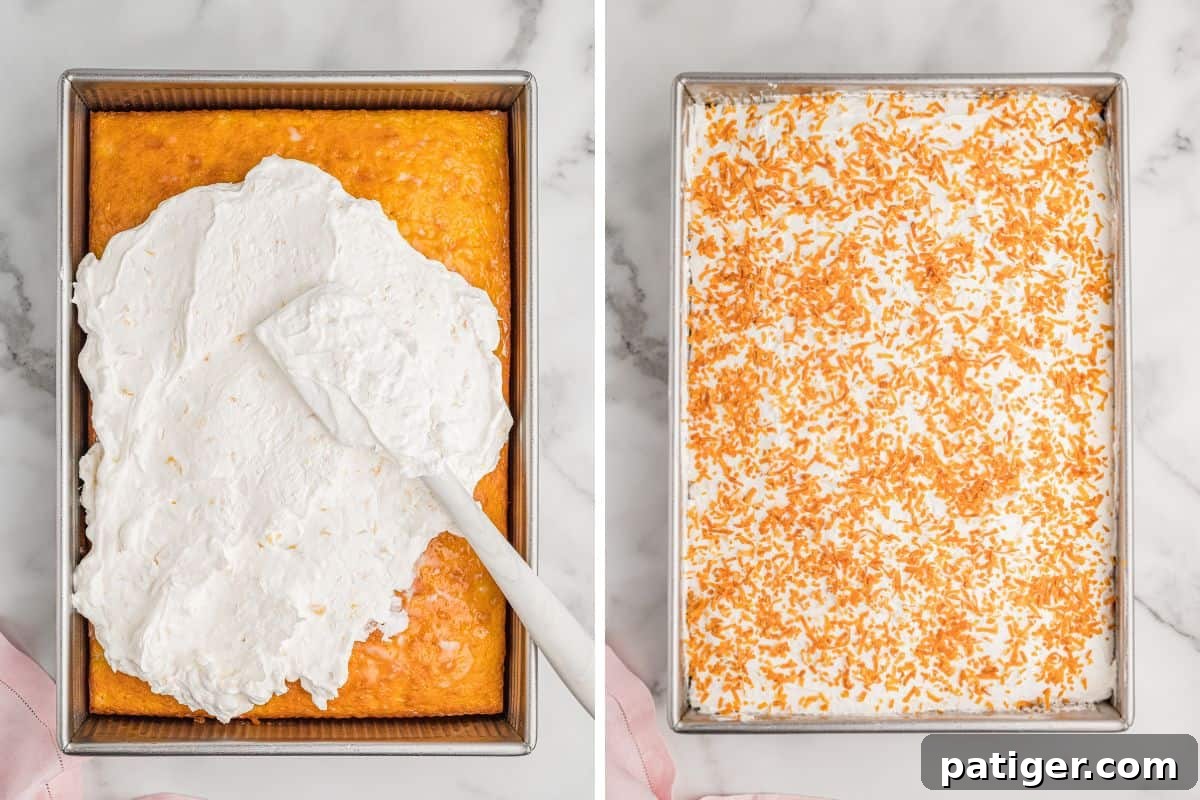 Tropical Piña Colada Layer Cake with Rum-Soaked Pineapple 7 Whipped topping being spread over the cake with a spatula, and toasted coconut sprinkled over the top.