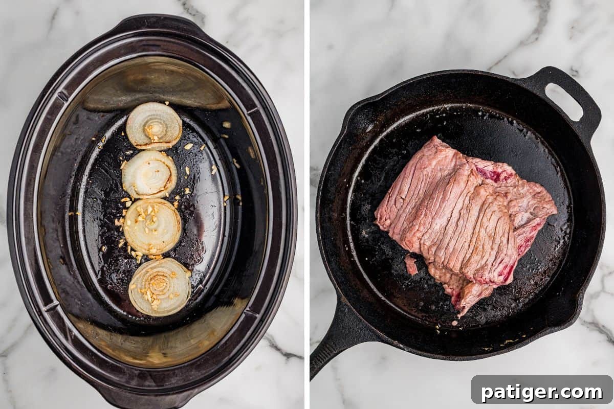 Juicy Slow Cooker Carne Asada Recipe 5 Two photos: sliced onion rings and minced garlic in a slow cooker, and a skirt steak searing in a cast iron skillet.