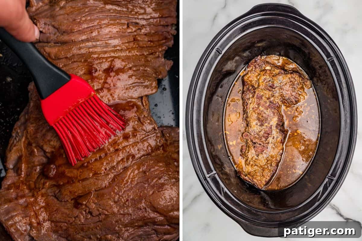 Juicy Slow Cooker Carne Asada Recipe 6 Two photos: adobo sauce being brushed onto a skirt steak, and the steak resting on onions in a slow cooker.