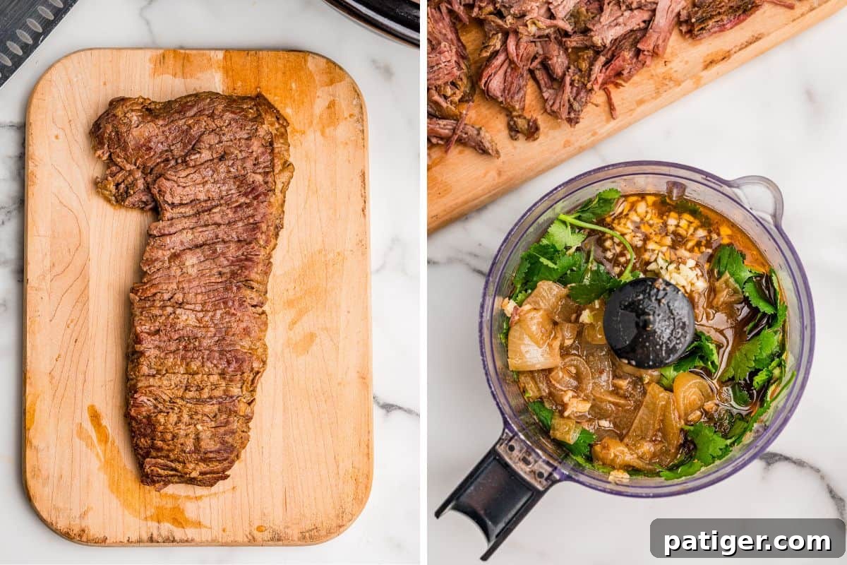 Juicy Slow Cooker Carne Asada Recipe 7 Two photos: cooked skirt steak on a wooden cutting board, and cooking liquid, onions, and cilantro in a food processor.