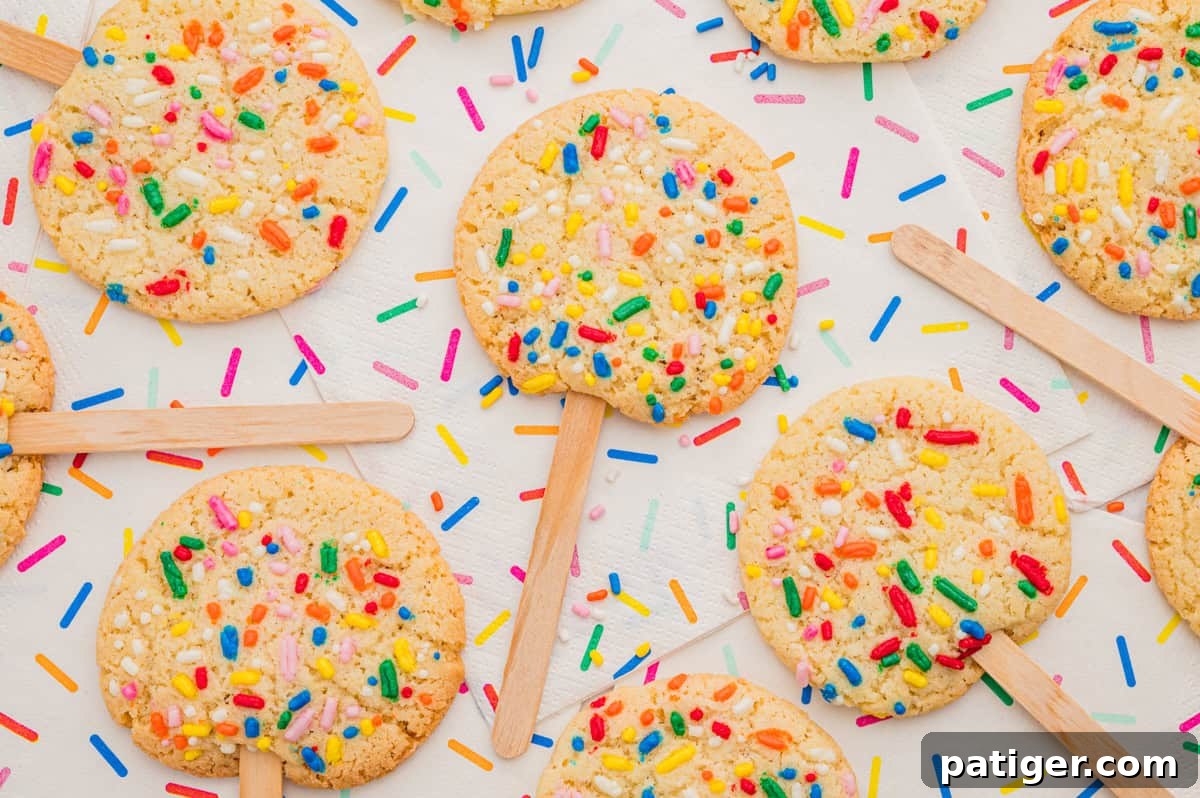 Cookie Pops: Make Handheld Cookies on a Stick 2 Rows of sprinkle sugar cookies on sticks on a napkin scattered with colorful sprinkles.