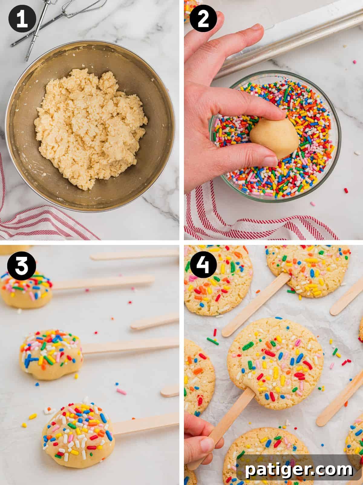 Cookie Pops: Make Handheld Cookies on a Stick 5 Four steps: cookie dough in bowl, a dough ball pressed into sprinkles, sprinkle-topped dough pucks on sticks, and a stick pushed into a baked cookie.