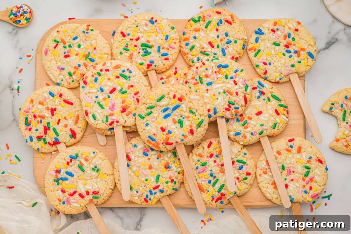 Cookie Pops: Make Handheld Cookies on a Stick 7 Sugar cookies on sticks topped with rainbow sprinkles arranged on a wooden cutting board.