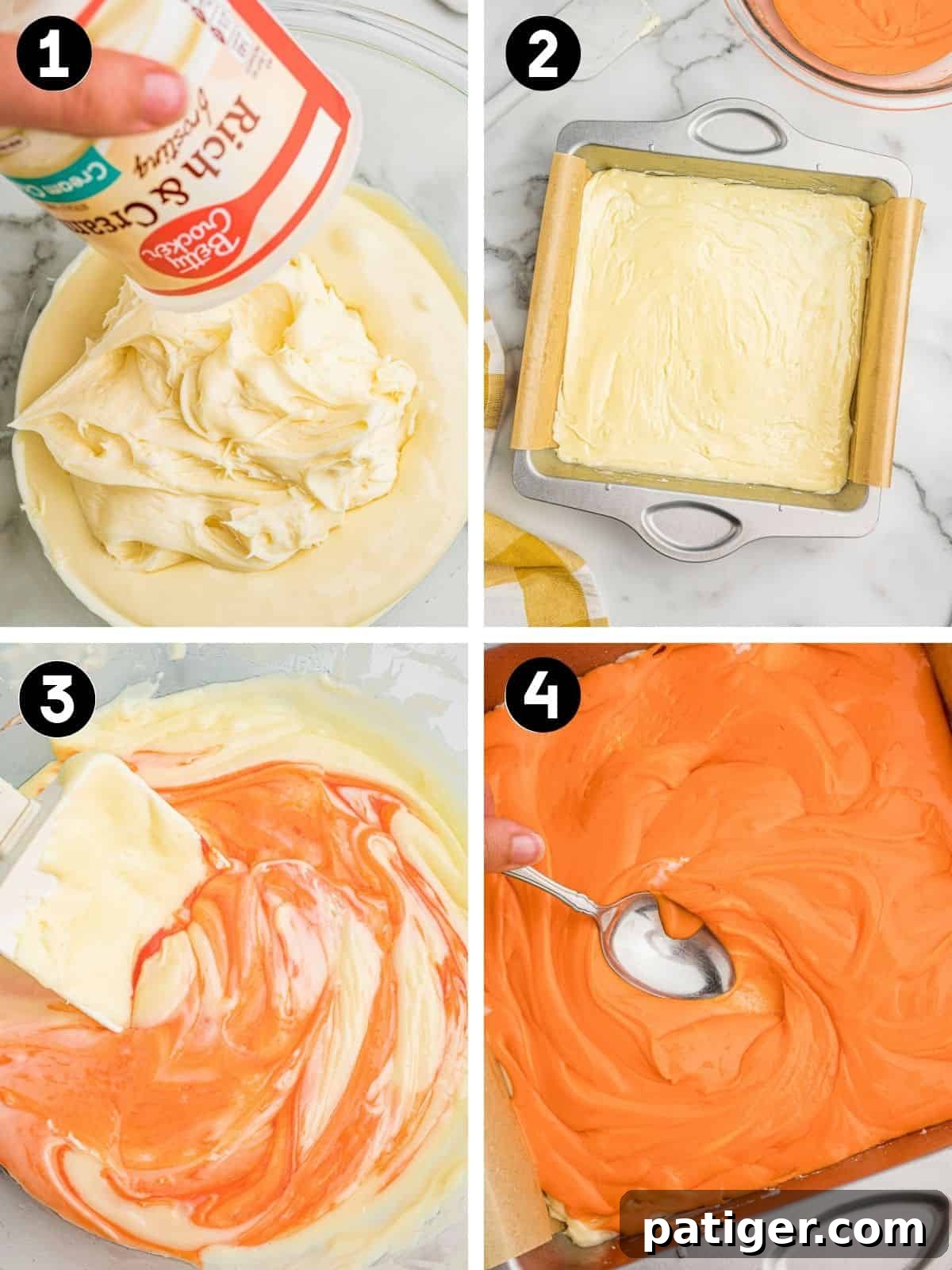 Creamsicle Orange Fudge Recipe 4 Four steps: frosting added to melted white chocolate, the white layer smoothed in a pan, orange swirled in a bowl, then swirled in the pan.