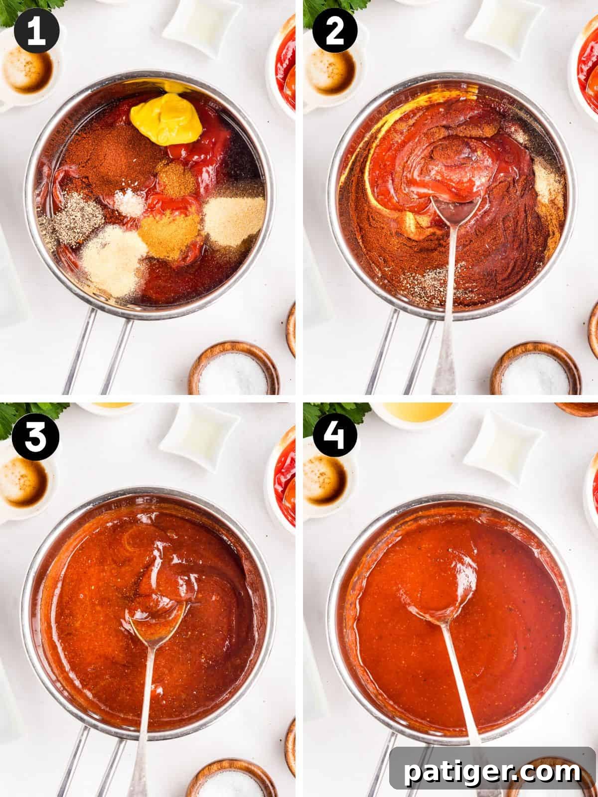 How to Make Tangy Homemade BBQ Sauce 4 Four steps in a saucepan: BBQ sauce ingredients added, stirred together, sauce partly combined, then smooth finished sauce with a spoon.
