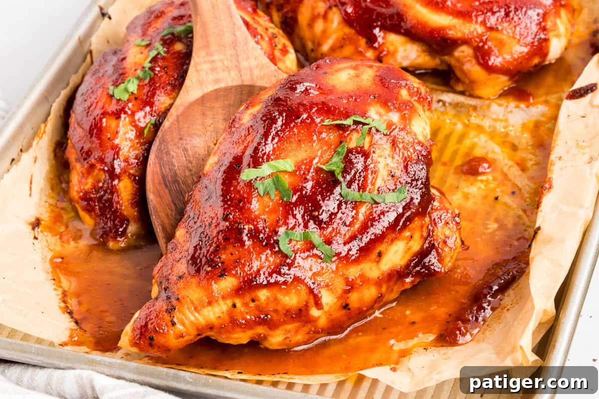 Oven-Baked BBQ Chicken Breasts with Sticky Glaze 3 Barbecue chicken breasts with a wooden spoon tucked beside them on parchment in a metal sheet pan.