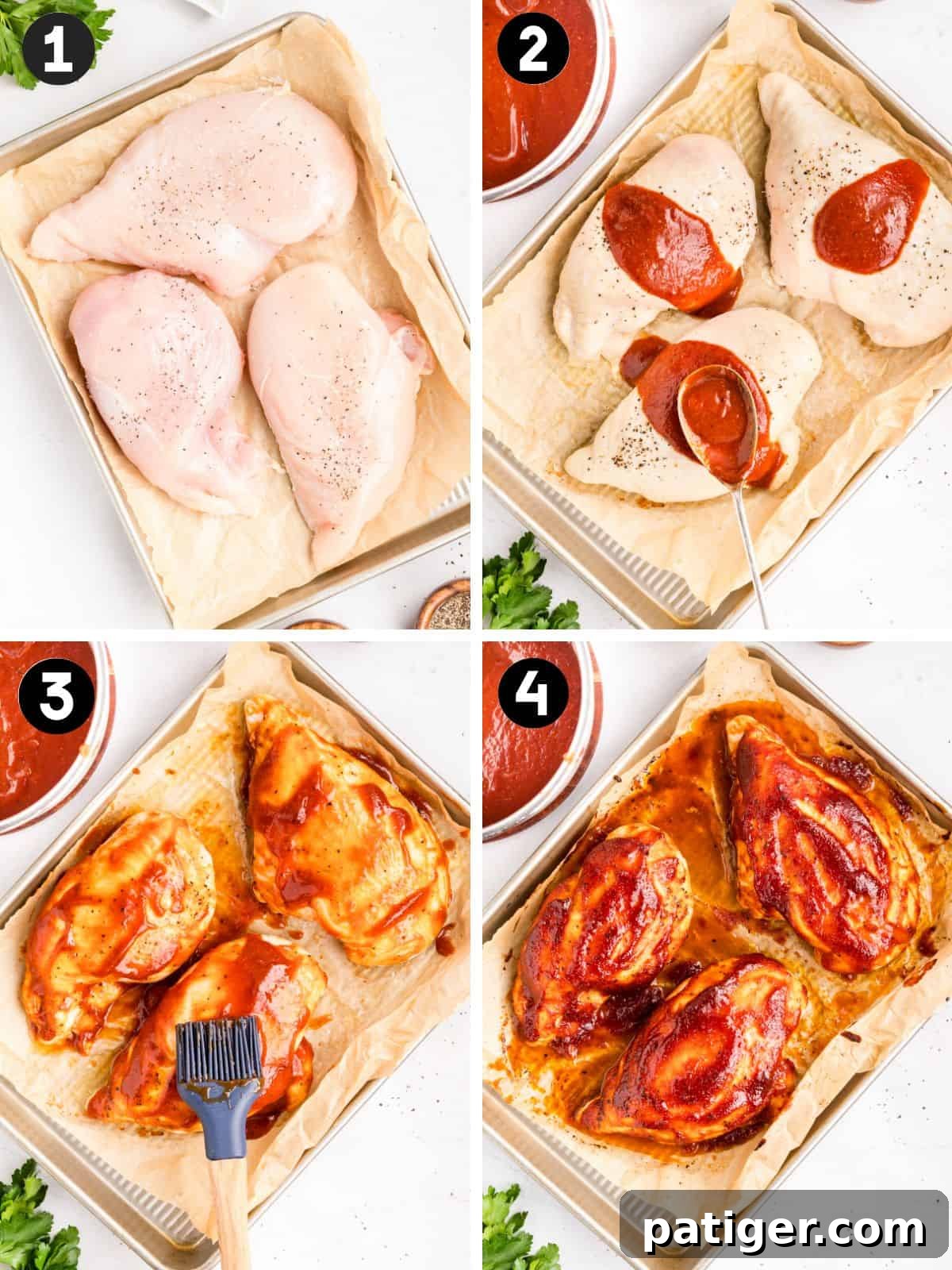 Oven-Baked BBQ Chicken Breasts with Sticky Glaze 5 Four steps: seasoned raw breasts, sauce spooned on, sauce brushed on, and the finished glazed chicken on a sheet pan.