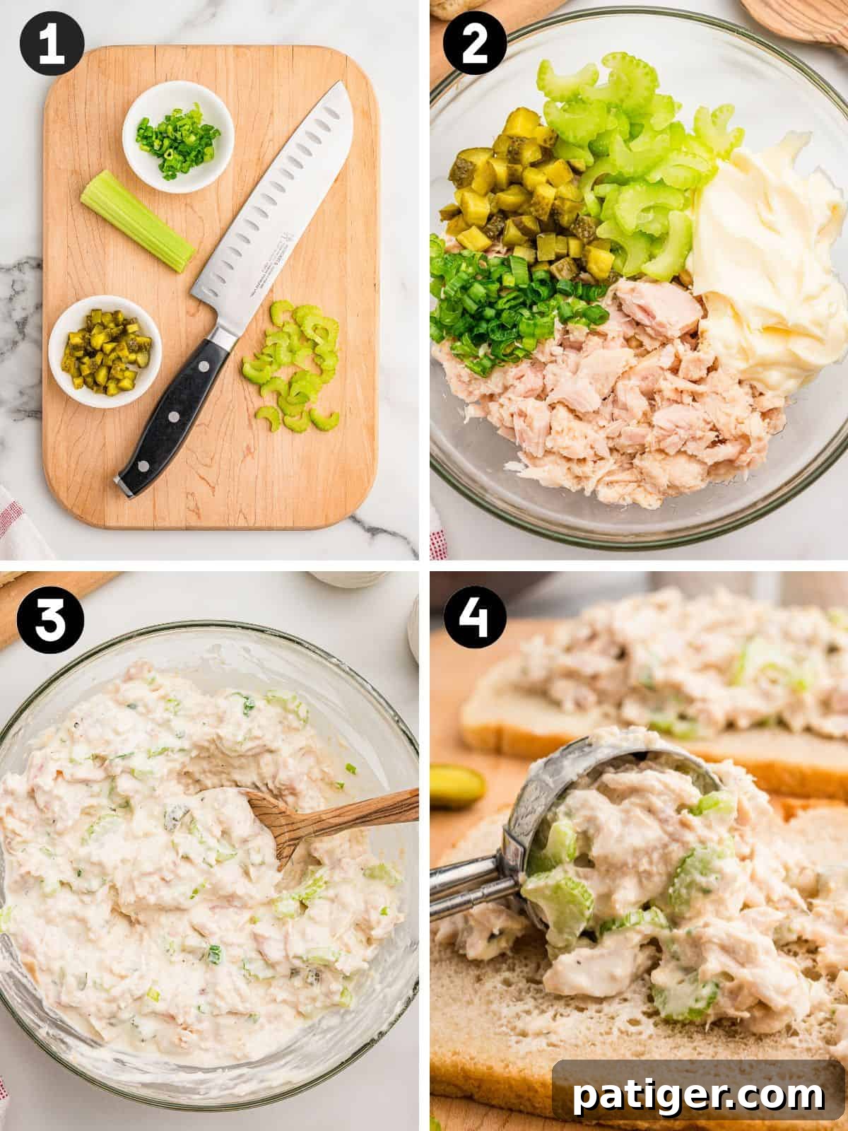 Tuna Salad Recipe for Sandwiches, Wraps, and Lunch 4 Four steps: chopped celery and pickles on a board, the ingredients in a bowl, the mixed salad, then a scoop onto bread.