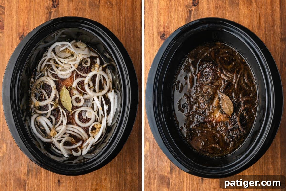 Two photos: chuck roast topped with sliced onions and a bay leaf in a slow cooker, and the same beef cooked in dark au jus.