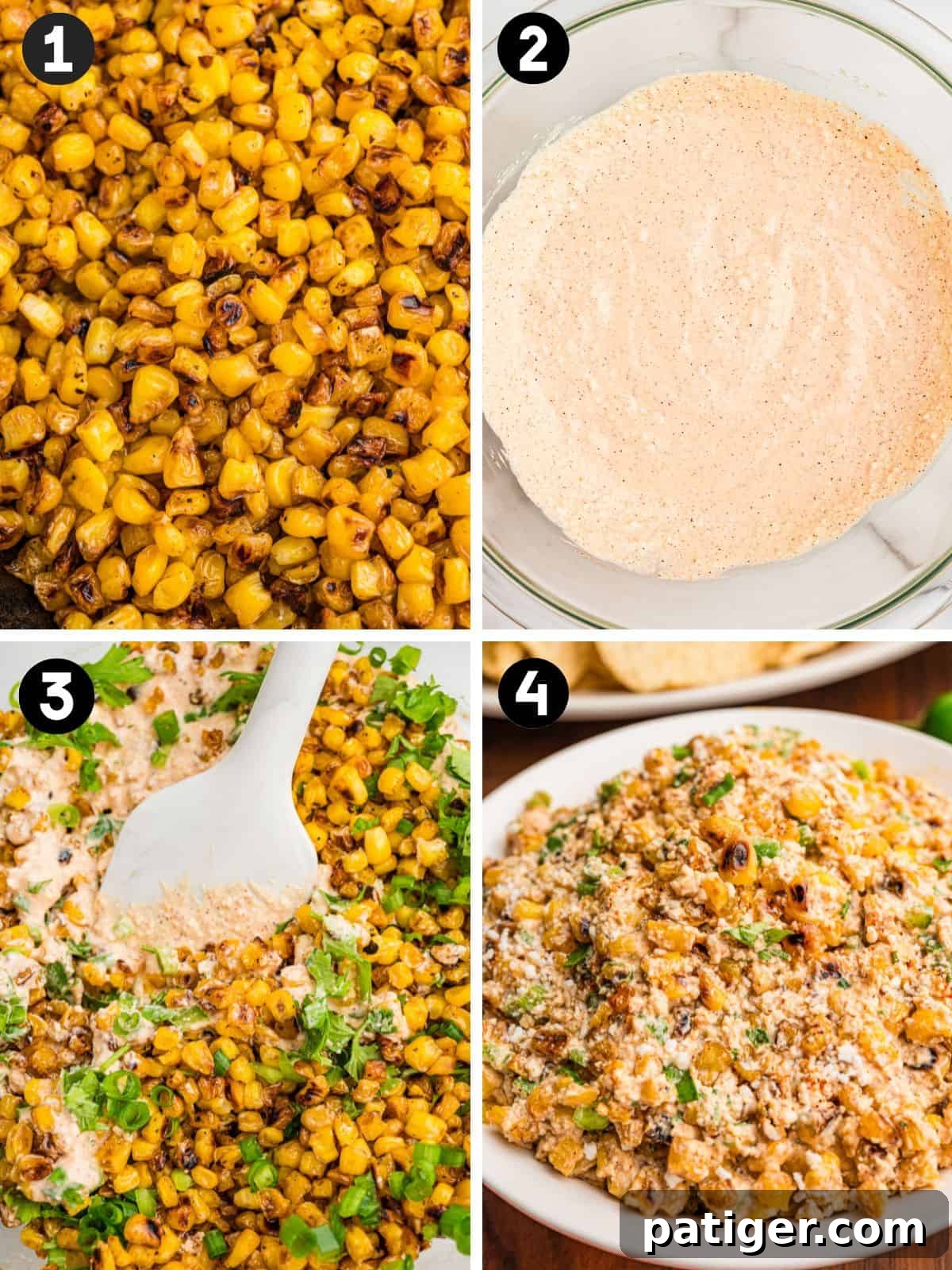 Creamy Mexican Street Corn Dip with Cotija and Lime 4 Four steps: charred corn in a skillet, the creamy spiced dressing, everything stirred together, then the finished dip in a bowl.