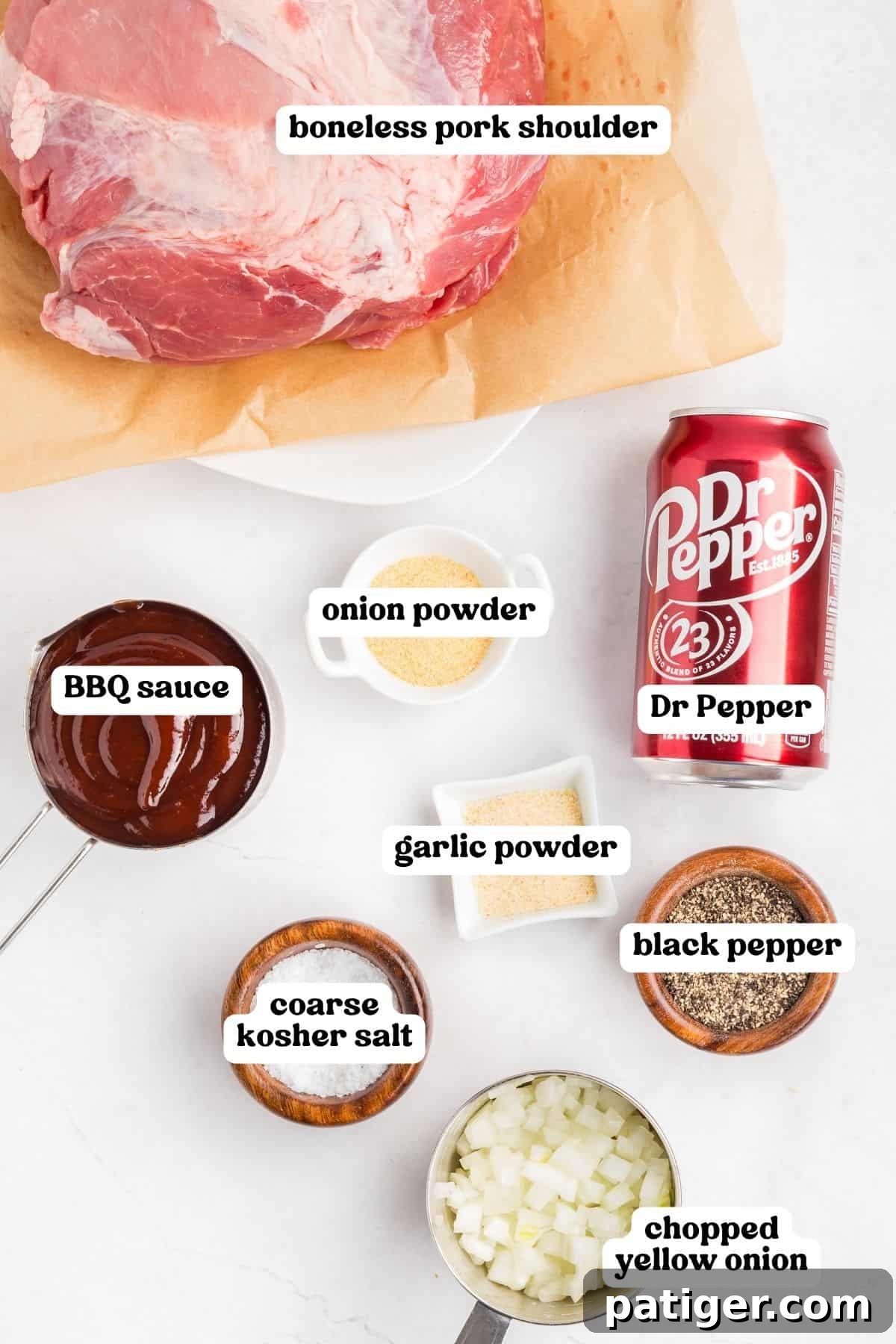 Labeled ingredients: boneless pork shoulder, Dr Pepper, barbecue sauce, onion powder, garlic powder, kosher salt, black pepper, and chopped yellow onion.