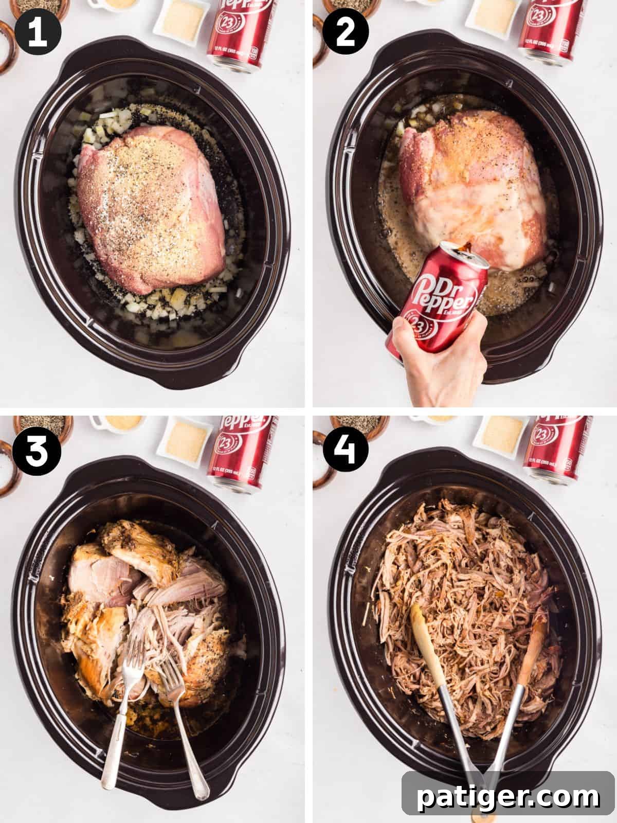Four steps: seasoned pork on onions in a slow cooker, pouring Dr Pepper over it, shredding with two forks, then the fully shredded dr pepper pork.
