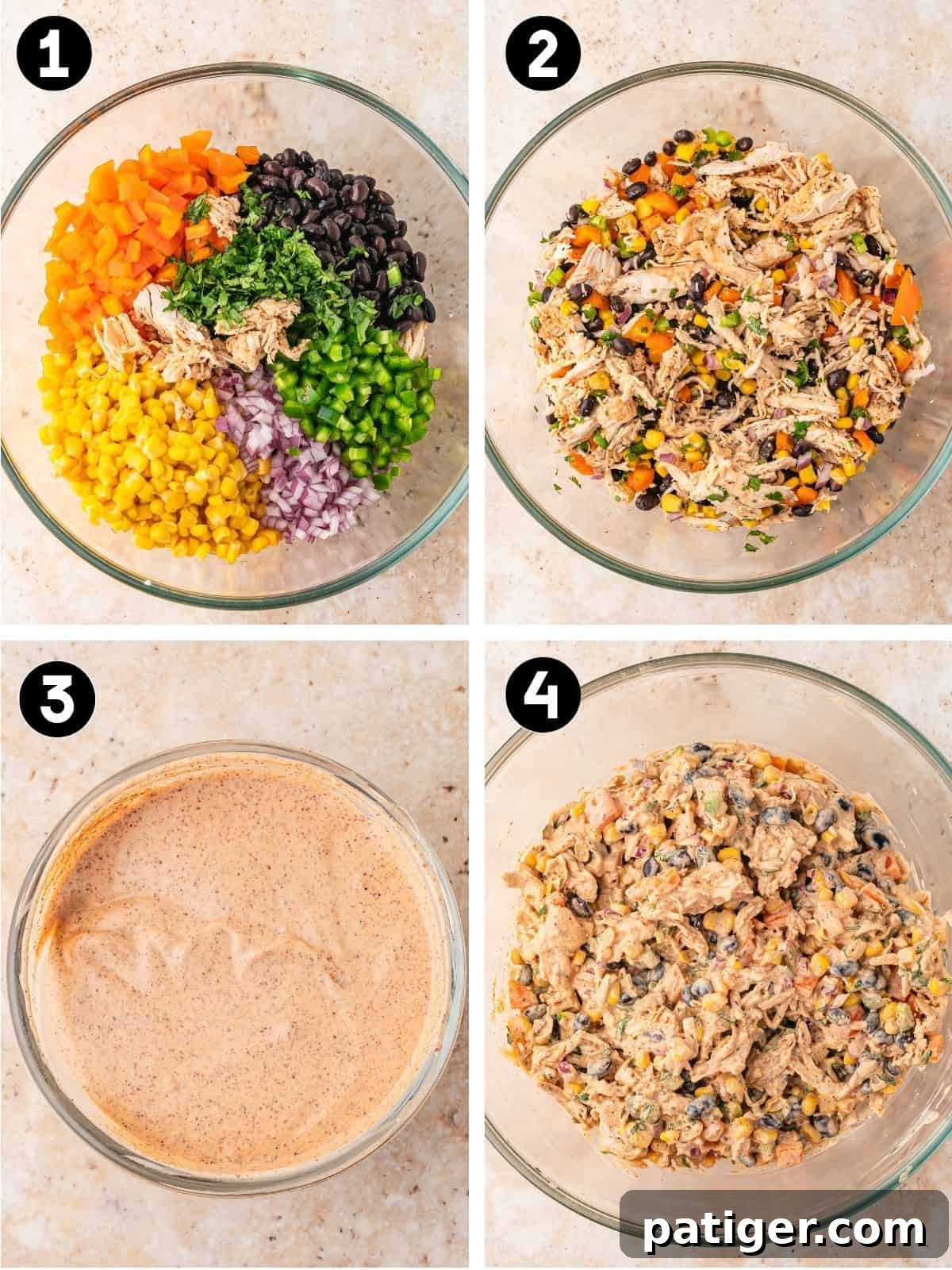 Four steps: chopped vegetables and chicken in a bowl, mixed together, the creamy dressing whisked, and the finished salad tossed.