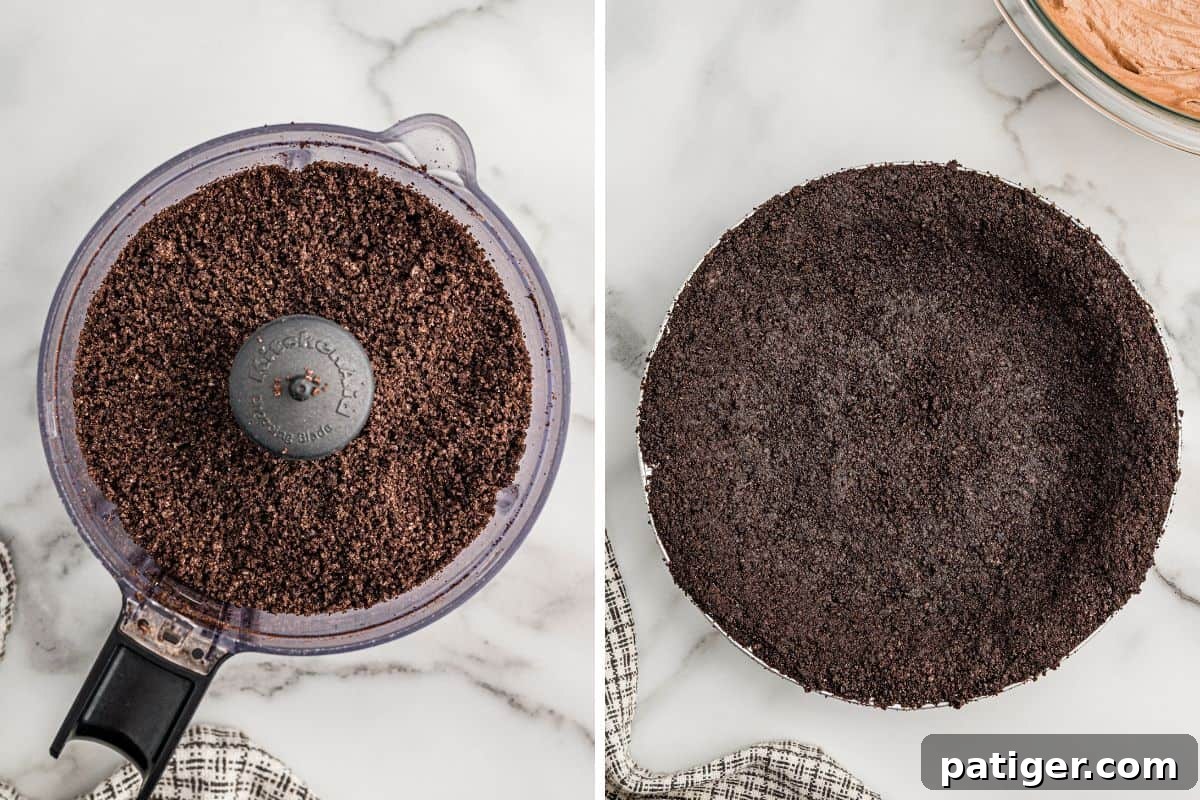 Homemade Hershey's Chocolate Pie Recipe 5 Left: Oreo crumbs in a food processor bowl. Right: the crumb crust pressed into a pie plate.