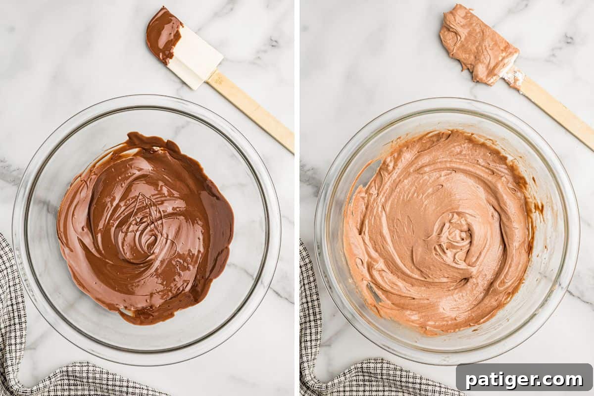 Homemade Hershey's Chocolate Pie Recipe 6 Left: melted chocolate in a glass bowl. Right: whipped topping folded into the chocolate until light and smooth.