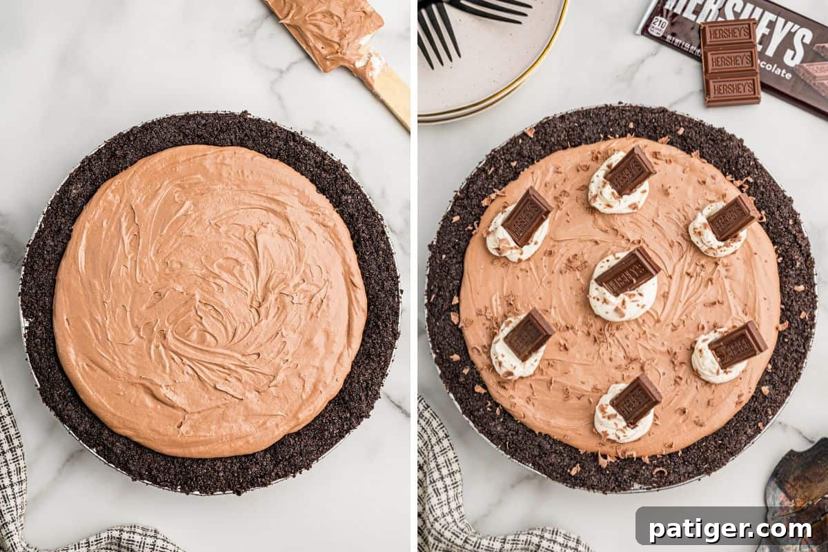 Homemade Hershey's Chocolate Pie Recipe 7 Left: the filling smoothed into the Oreo crust. Right: the finished pie garnished with whipped cream and Hershey's pieces.