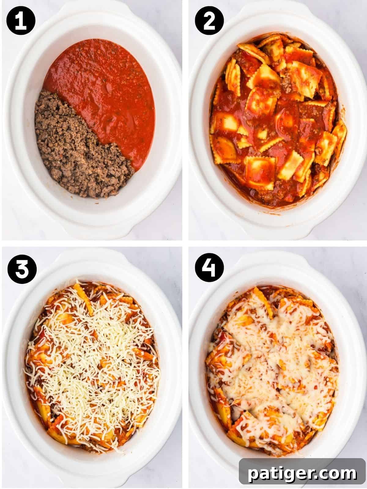 Four steps in a white slow cooker: browned sausage with sauce, ravioli stirred in, shredded cheese on top, and the melted cheesy finish.
