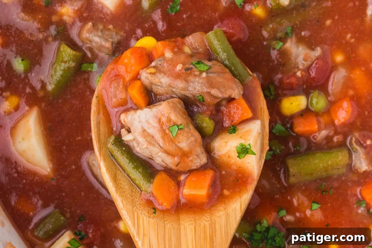 Overhead view of vegetable beef soup with chuck roast and a wooden spoon.