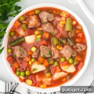 Square overhead view of a white bowl filled with beef, potatoes, green beans, corn and peas in tomato broth.