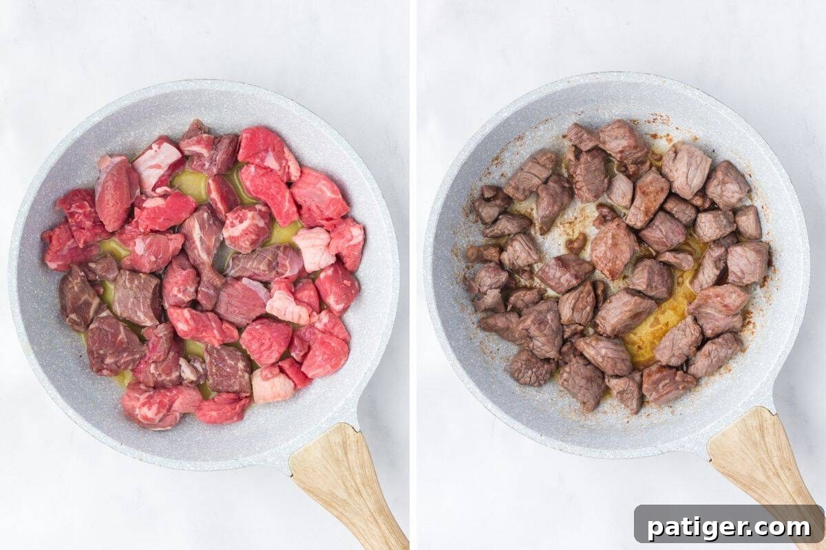 Left: raw cubed chuck roast in an oiled skillet. Right: the same beef browned on all sides.