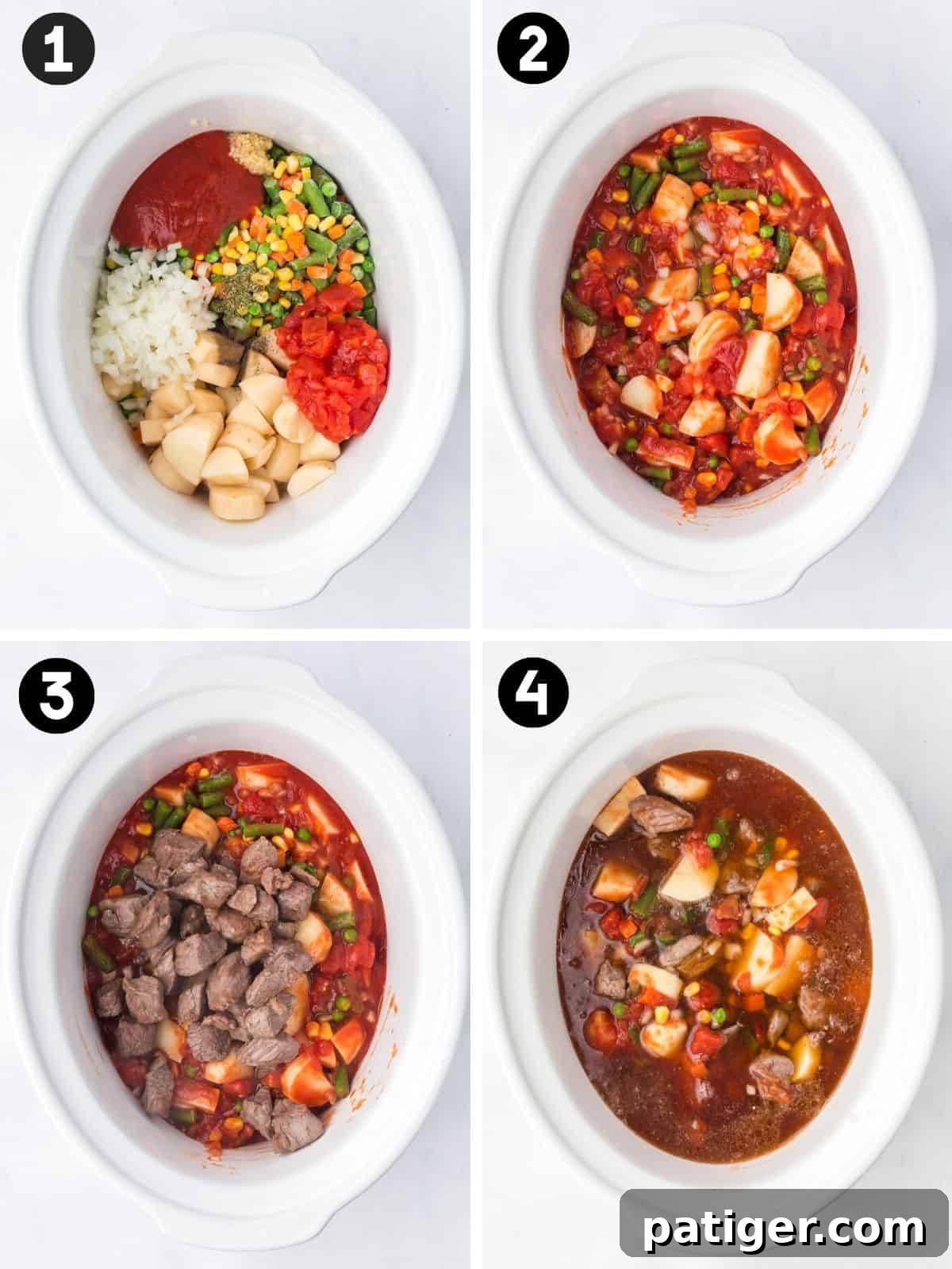 Four numbered panels: vegetables and seasonings in a crockpot, stirred together, seared beef added on top, then broth poured over.
