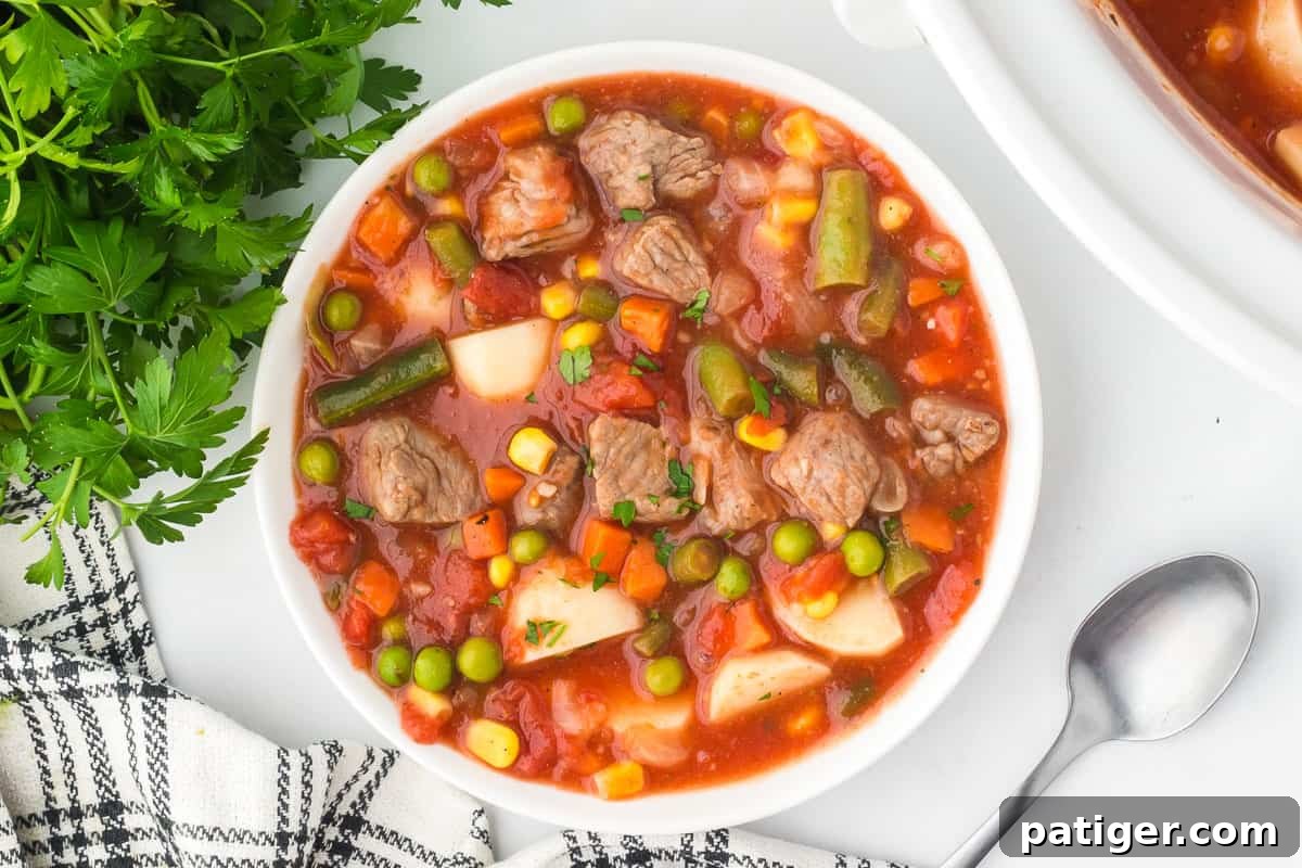 Overhead view of a white bowl of vegetable beef soup with a spoon, parsley and a striped towel beside it.