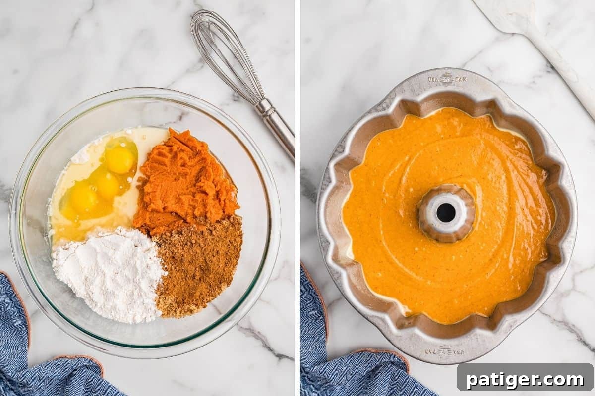 Moist Pumpkin Bundt Cake Made with Cake Mix 6 Ingredients in a glass bowl and orange batter poured into a bundt pan.
