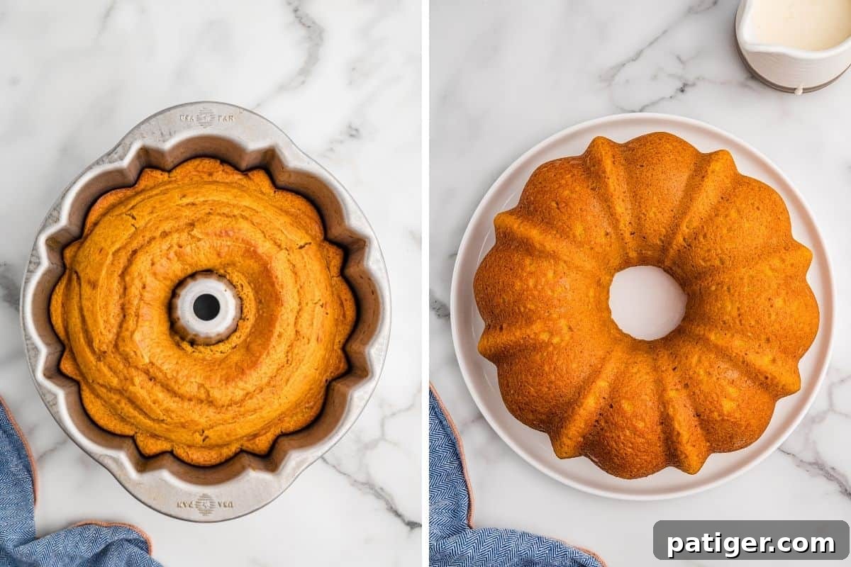 Moist Pumpkin Bundt Cake Made with Cake Mix 7 Baked cake in the bundt pan and the cake turned out onto a plate to cool.
