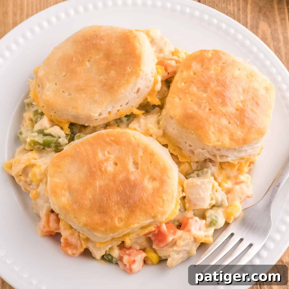 One-Pan Chicken Pot Pie Casserole with Biscuits 3 Chicken pot pie casserole with biscuits on a plate, three biscuits over creamy chicken, carrots, corn, and green beans.