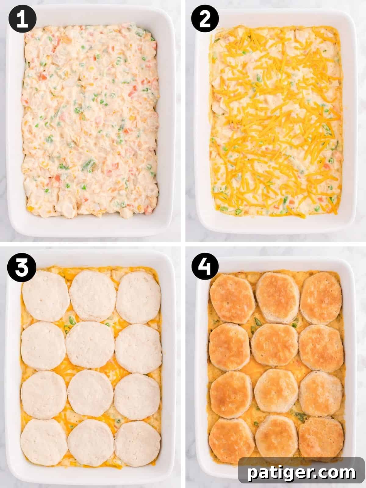 One-Pan Chicken Pot Pie Casserole with Biscuits 5 Four steps: creamy chicken filling spread in a dish, topped with cheddar, layered with raw biscuits, then baked golden.