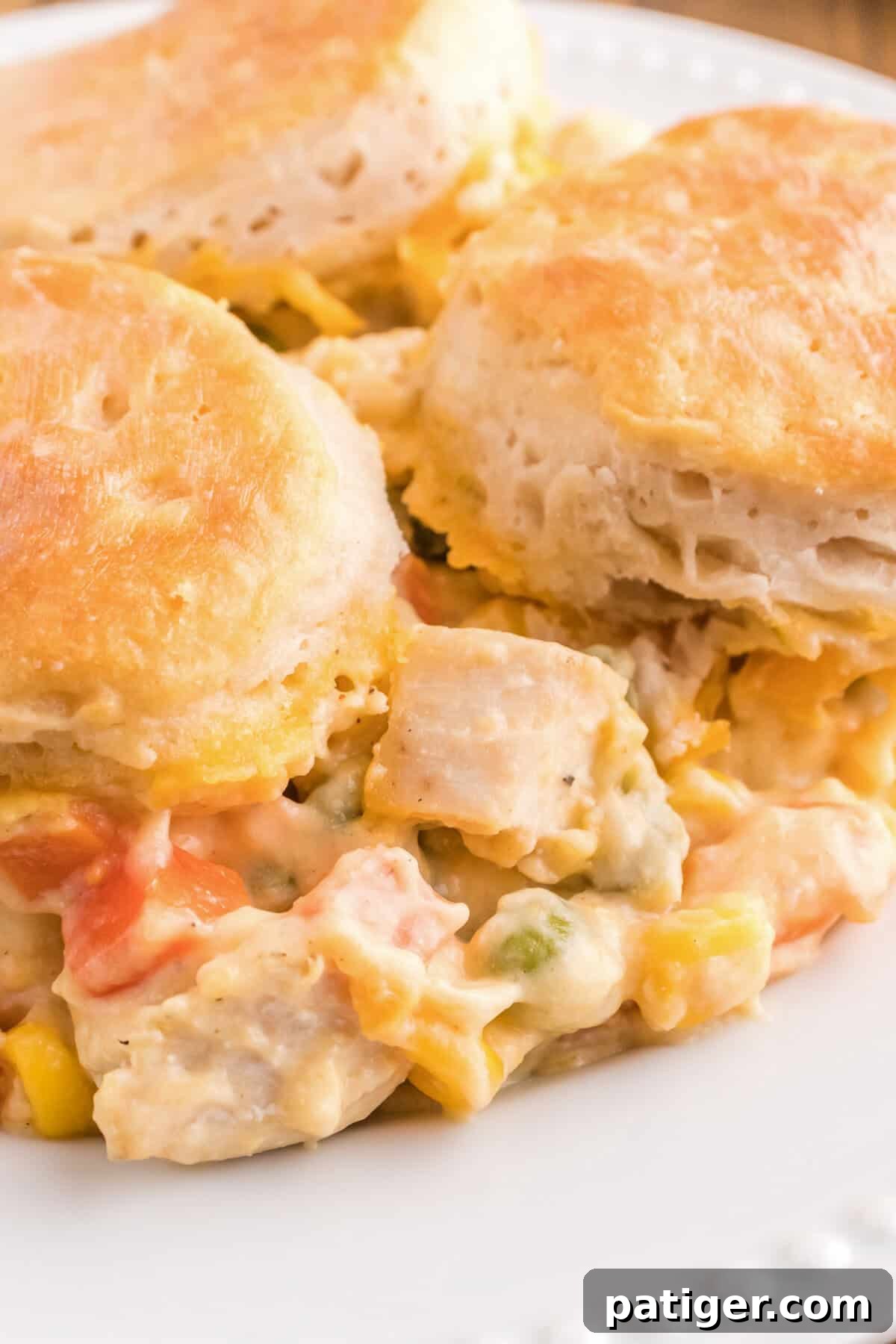 One-Pan Chicken Pot Pie Casserole with Biscuits 9 Biscuits over creamy chicken, carrots, corn, and peas on a white plate.