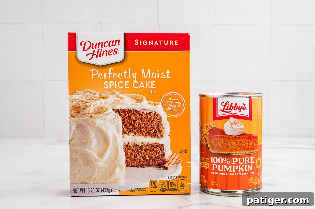 Cake Mix Pumpkin Cookies: Soft Spiced Fall Treats 4 A box of Duncan Hines spice cake mix and a can of Libby's pure pumpkin on a counter.