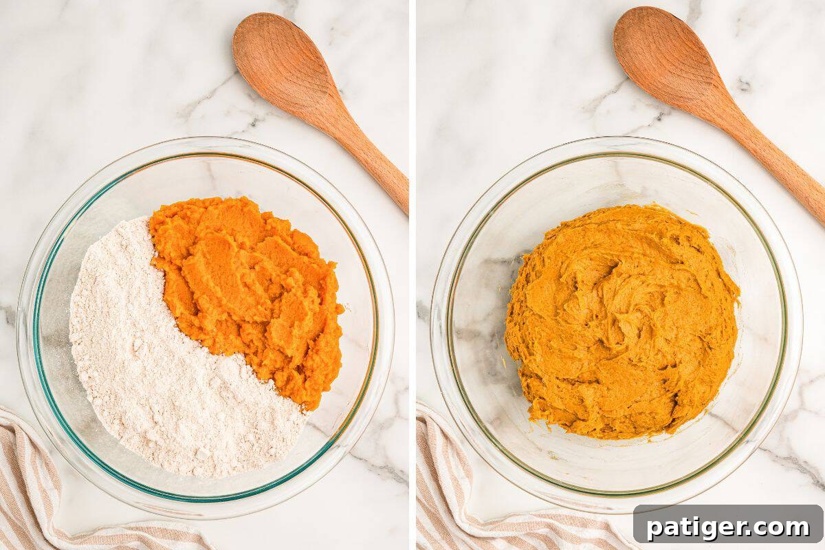 Cake Mix Pumpkin Cookies: Soft Spiced Fall Treats 5 Left: dry cake mix and pumpkin puree in a glass bowl. Right: the mixed batter.