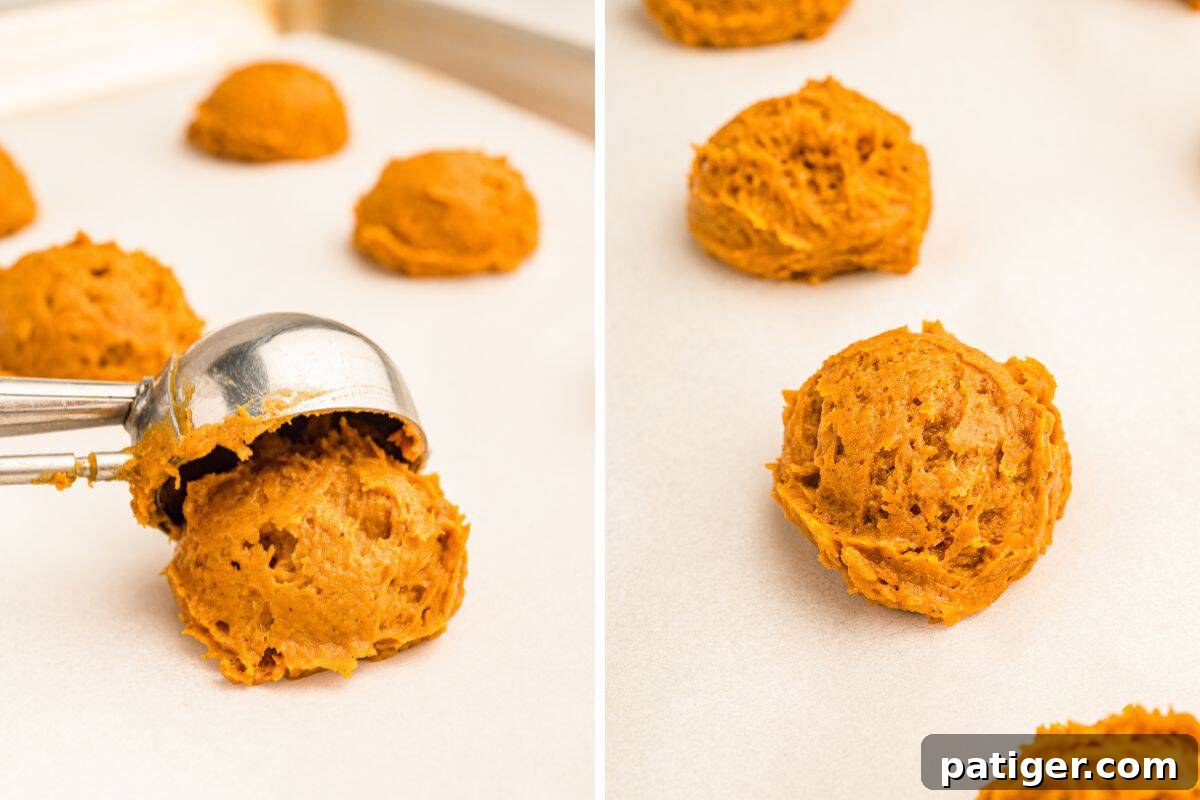 Cake Mix Pumpkin Cookies: Soft Spiced Fall Treats 6 Left: batter being released from a cookie scoop onto parchment. Right: a scooped mound on the pan.